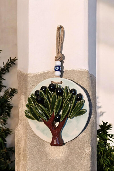Revard Home Nazar Boncuklu Doğal Zeytin Ağaçlı Seramik El Yapımı Dekoratif Duvar Süsü Eşyası 19X19 CM