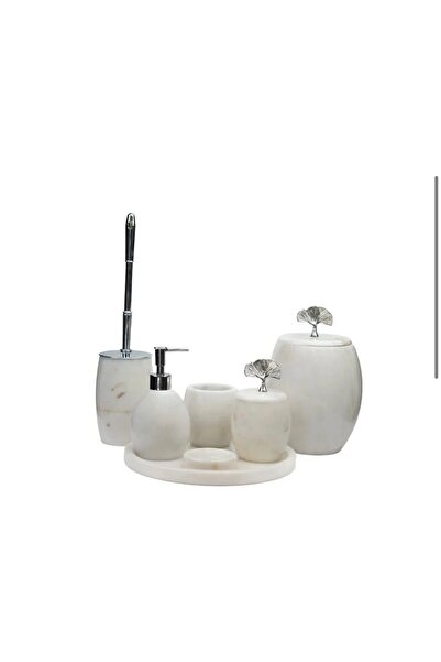 ege gross DEKORAFİT BEYAZ OVAL MERMER 7 PARÇA BANYO SETİ GÜMÜŞ YAPRAK