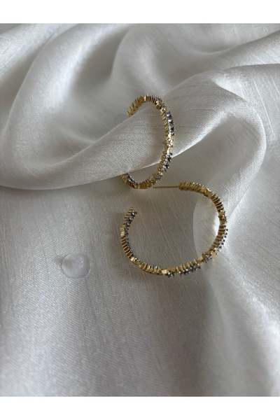JEWELERY Gold Renk Taşlı Halka Küpe | Şık ve Zarif Işıltılı Tasarım