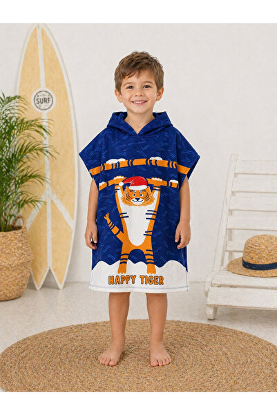 ues Πετσέτα θαλάσσης με κουκούλα για αγόρια Happy Tiger