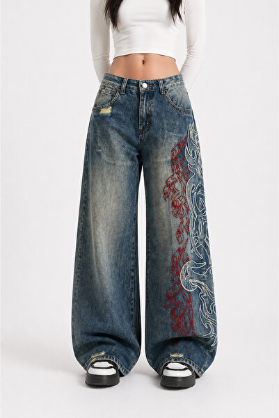 None Wear Mavi Taşlamalı Vintage Tribal Baskılı Grunge Baggy Y2K Unisex Pantolon