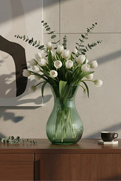 TEZPAZAR Modern Çizgili Cam Vazo - 18 cm Dekoratif Yeşil Çiçek Vazosu