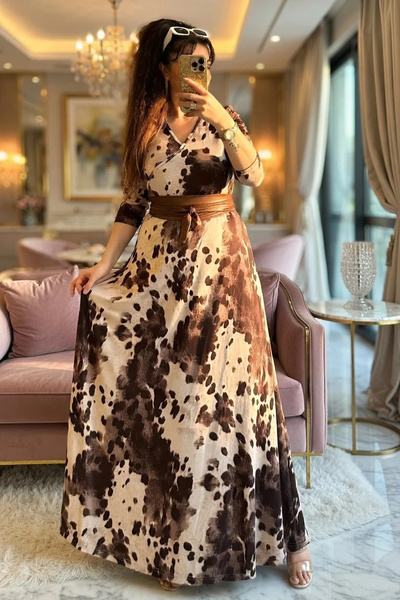 AZRA BUTİK Ολόσωμο καφέ φόρεμα με στίγματα