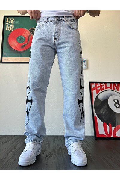XPUPPETWEAR Buz Mavi Tasarım Baskılı Baggy Jean