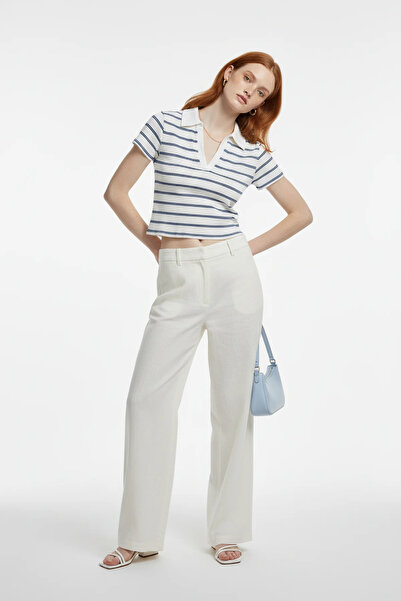 No Matter What Striped Polo Neck V-Neck Ribbed Short Sleeve T-Shirt