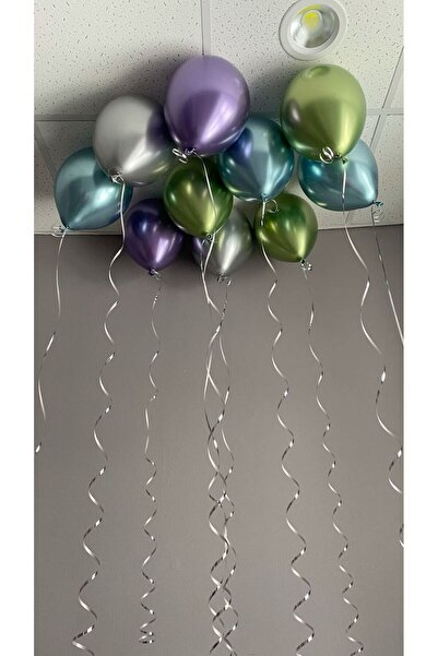 Parti Zamanı Lüks Metalik Krom Balon Seti - 10 Parça - Mor, Yeşil, Gümüş Ve M...