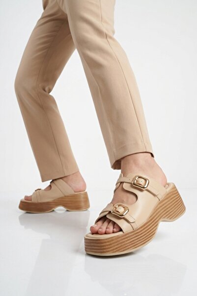 Aspor Beige Double Strapped Women's Heels Slipper