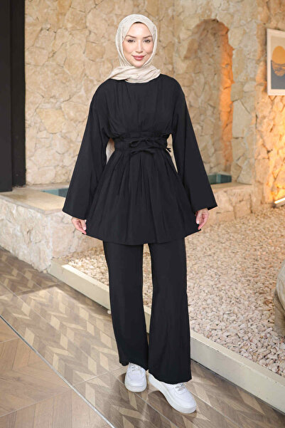 İmajButik Black Waist-Tie Tunic with Pants Modal Set