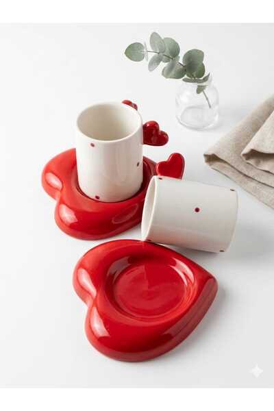 seda seramik Handmade Dila Design Ceramic Cup Set - Red Heart Detailed 90 Ml.