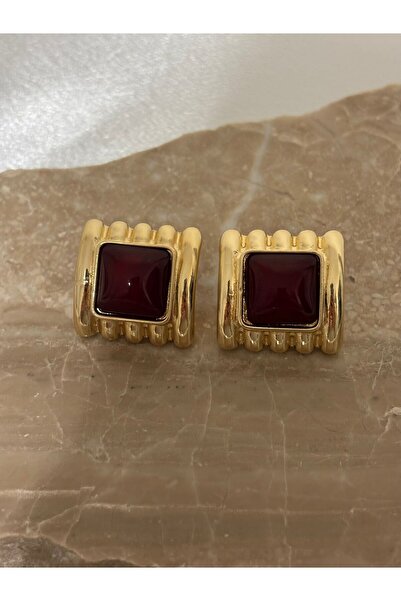 BIJUTERI Gold Square Stone Detailed Earrings