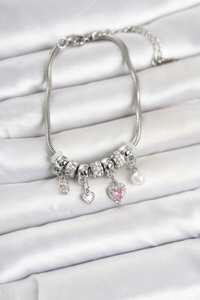Berren Stylish Brass Silver Color Heart Detailed Charm Women's Bracelet Teach...