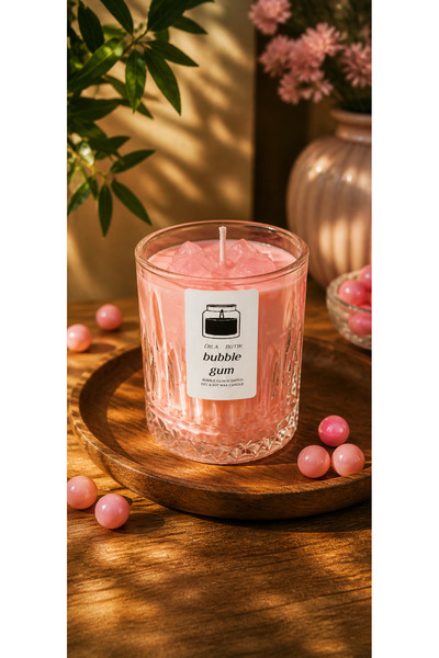 DİLAHOME Bubble Gum Kokulu Bardak Mum – Dekoratif Cam Mum | Tatlı Aromalı Hediye