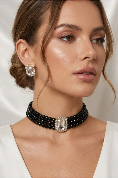 Happyline Baget Taşlı Siyah İncili Choker Kolye, Gold Kaplama Siyah Cam İncil...