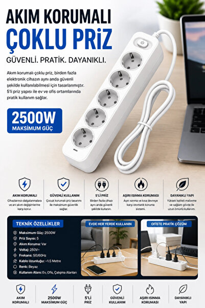 Vothoon Akım Korumalı 5’li Çoklu Priz 2500W Güçlü Uzun Kablolu Güvenli Kullanım