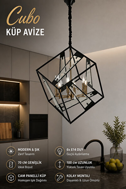 Elvora Home Modern (PREMİUM) Siyah Metal Kafes Sarkıt Avizesi 6 Ampül Hediyel...