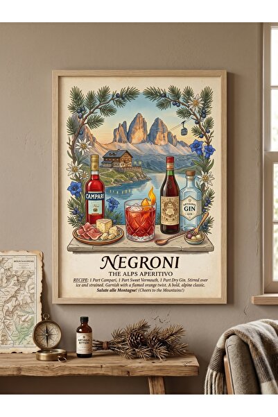 DEKORASOR Retro Negroni Kokteyl Mutfak Tablosu – İtalyan Alpleri Temalı Vinta...