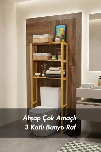 Moola 3 Katlı Ahşap Banyo Rafı Tuvalet Üstü Düzenleyici Organizer Raf Ünitesi...