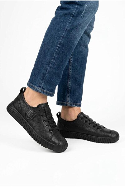 Lütfi Men's Black Genuine Leather Orthopedic Sole Casual Sneaker Shoes
