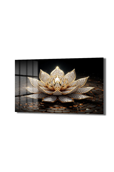 GLAZELLA Işıltılı Altın Lotus Çiçeği Temalı Lüks Cam Tablo