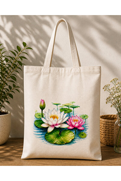 Tomris Hatun Water Lily Flower Printed Raw Fabric Bag, Shoulder Bag, Shopping Tote Bag, Sublimation Printed