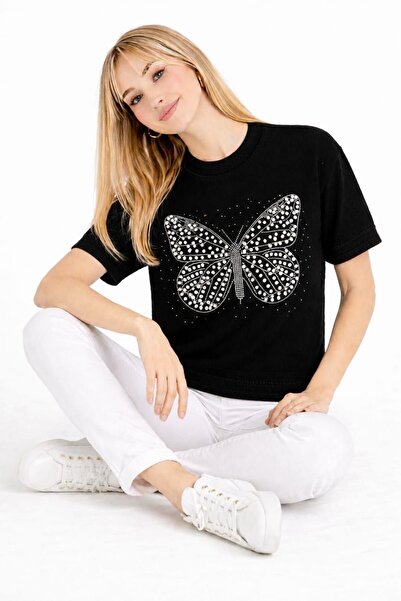 ZERELLE COLLECTİON Women's Ring-Neck T-Shirt with Pearl and Stone Details