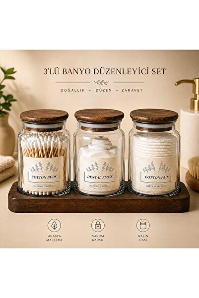Durina Living 3’lü Cam Banyo Düzenleyici Standlı Akasya Kapaklı Pamukluk Orga...