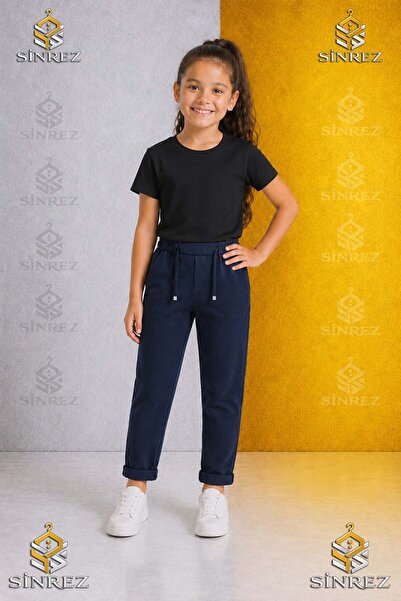 SİNREZ KIZ Çocuk Sade Pantolon 7.MDL Bel Lastikli Likralı Paça Katlamalı Stil