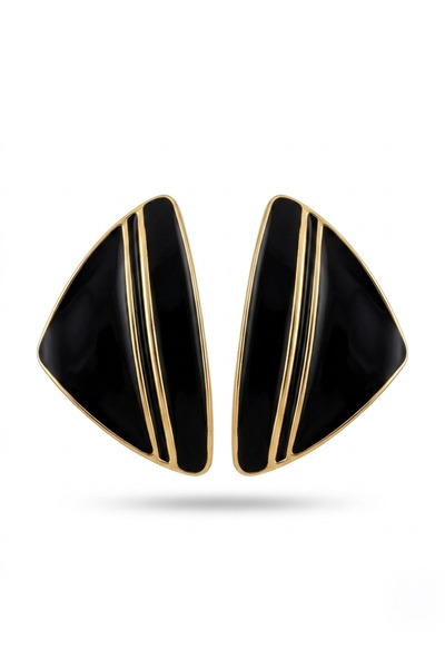 Pelin Aksesuar Black Enamel Striped Gold Framed Triangle Earrings