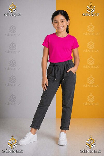 SİNREZ Kiz Children's Plain Trousers 5.Mdl Elastic Waist Lycra Folded Leg Style
