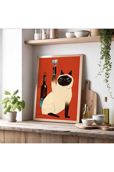 NinaStore Minimalist Siyam Kedisi ve Şarap - Orta Çağ Moderni Kedi Sanatı - B...