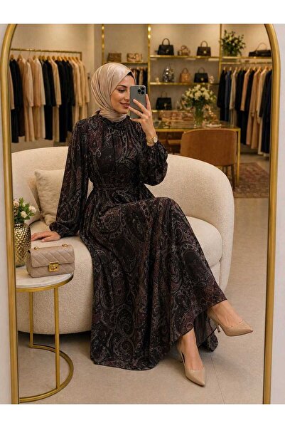 MODA ALMİRA 6250 K 200 KAHVE ETNİK DESEN ASTARLI ŞİFON ELBİSE