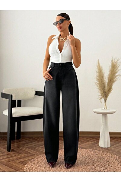 GİYESA Women's Black High Waist Wide Leg Jean Pants - Loose Leg Denim