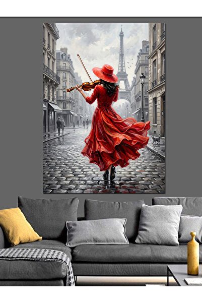Artmeg Femeie vioară în rochie roșie pe stradă Pânză decorativă - Tablou din ...