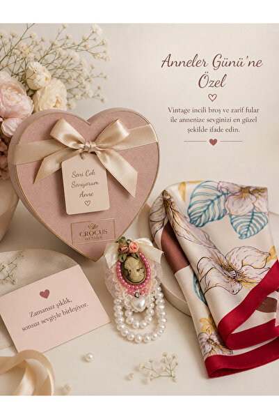 CROCUS DESIGN Vintage dantel inci broş ve fular hediye paketli