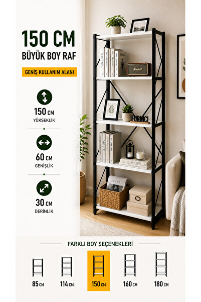 FURNICI Çok Amaçlı 5 Raflı 60x150 cm Beyaz Dekoratif Raf Ünitesi Kitaplık