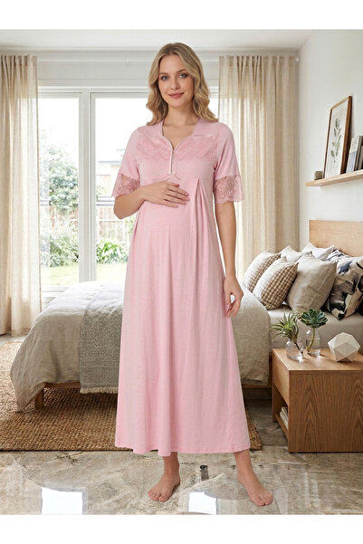 Lohusa Homewear Yeni Sezon Pembe Hamile Lohusa Yazlık Şık Dantel Detaylı Tasa...
