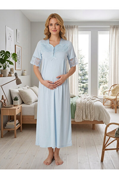 Lohusa Homewear قميص نوم طويل للحوامل من نيو سيزون باللون الأزرق بتصميم أنيق ...