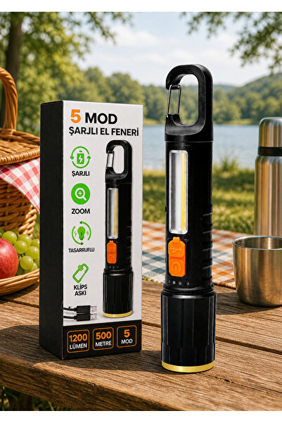 DOĞADOKYA Şarjlı LED El Feneri 5 Mod Karabinalı COB Kamp Lambası Acil Durum I...