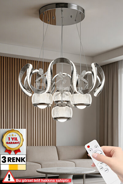 RİZZ İthal Kasa 4 Toplu Taç Kumandalı Büyük Salon Avizesi 3 Renk Gümüş Kasa L...