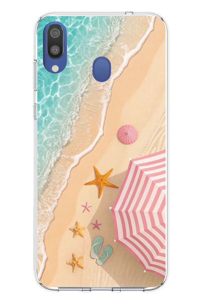 TechTree Samsung Galaxy M20 Uyumlu Pembe Şemsiyeli Sahil Baskılı Silikon Kılıf