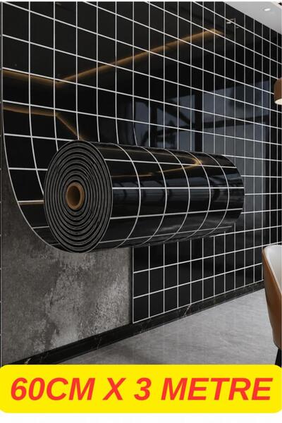 Renkli Duvarlar 60cm x 3 Metre Tek Parça Yapışkanlı Rulo Siyah Kare Duvar Pan...