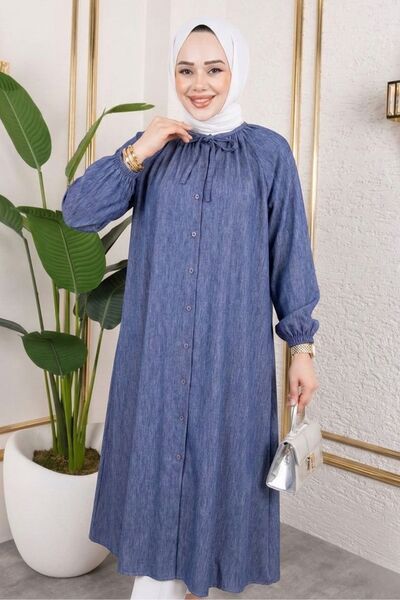 adamila Kadın Mavi Yaka Bağlama Detaylı Uzun Tunik Gömlek Elbise 120 CM Teset...