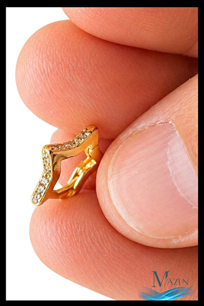 MAZEN 1 Adet Gold Renk Zirkon Taşlı Yıldız Halka Küpe | 8 MM Çap | Helix Kıkı...