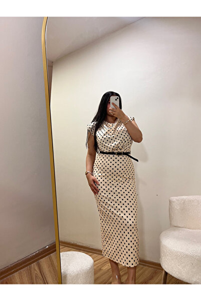 BNGL Boutique Cream-Colored, Black Polka-Dotted, Shoulder-Padded, Long Back-Slit Crepe Fabric Dress