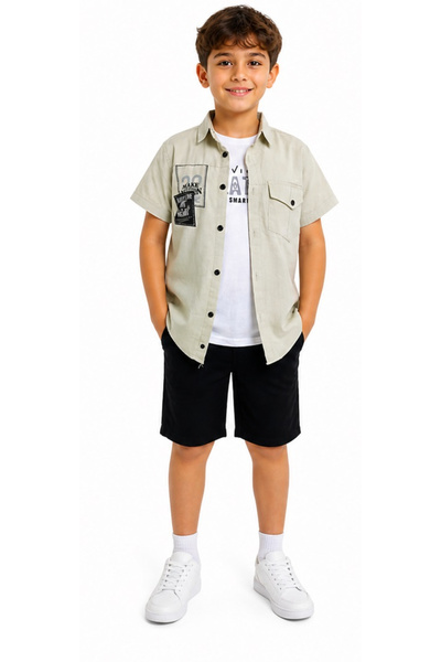 İrem Çocuk Giyim Boy's Shirt with Pockets, Patterned Button Closure, Denim Sh...