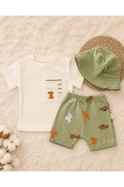 ASLİN STORE Cute Dog Print, Pocket Detail, Shorts, Safari Hat, Summer 3-Piece...
