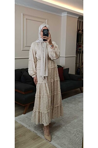 MODA TESETİVA Fırfır Detaylı Şifon Elbise - Bej