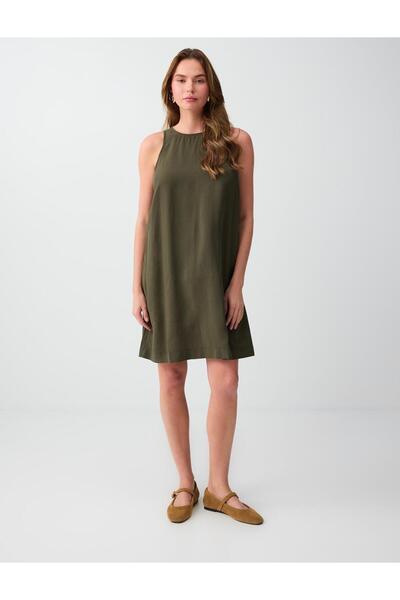 Jimmy Key Khaki Round Neck Loose Fit Short Dress