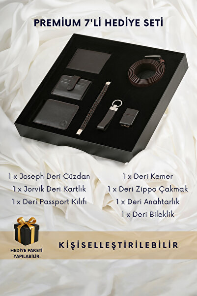 CüzCan Black Box Premium 7'li Deri Erkek Hediye Seti - Joseph Kahverengi