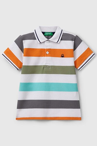 Benetton 1-6 Yaş Erkek Bebek Çizgili Polo Yaka Kısa Kol T-shirt Turuncu
